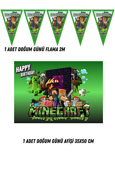 HAPPYLOOPPARTY MineCraFt Karakter Tema Uyumlu Afiş Flama Set
