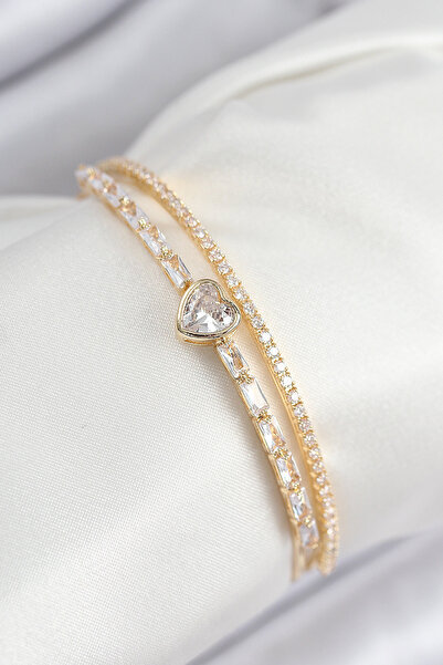 FREEDOM STOREE Brass Zircon Stone Heart Model Gold Color Women's Bracelet