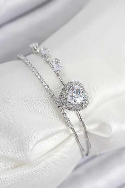 FREEDOM STOREE Brass Zircon Stone Heart Model Silver Color Women's Bracelet