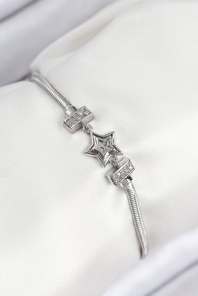Toptan Bulurum Brass Zircon Stone Star Model Silver Color Women's Bracelet