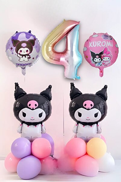 PARTİAVM 4 Yaş Kuromi Balon Set Doğum Günü Balon Seti Gökkuşağı Rakam Helyum ...