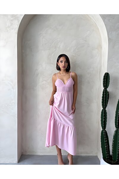 Genel Markalar Dantel Gürpür Detaylı Askılı V Yaka Boydan Keten Elbise