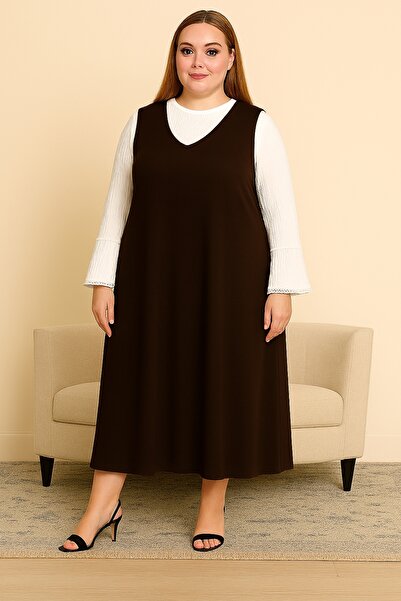 Azra Kadın Kahverengi Jile Büyük Beden Elbise