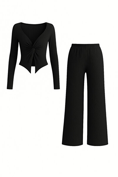 meren like your style Black Front Twist Long Sleeve Wide Leg Pants Top and Bottom Set