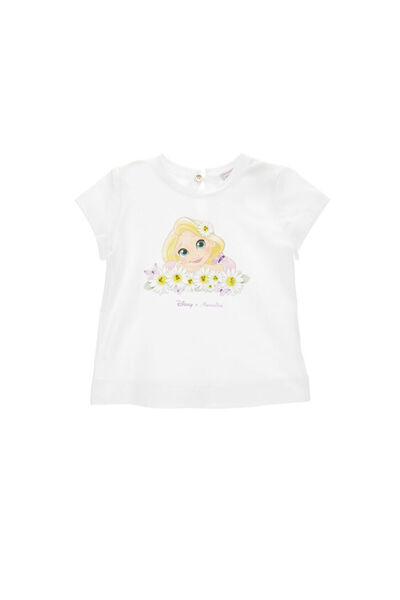 Monnalisa تي شيرت أبيض بأكمام قصيرة منقوش عليه رابونزيل للفتيات الصغيرات