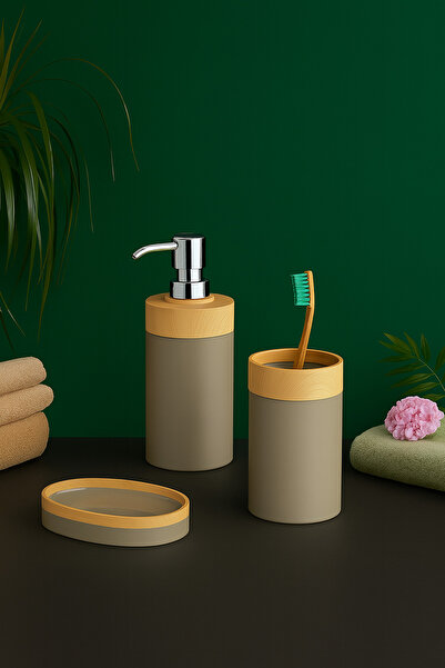 EVONİTA Limpia Bambu Desenli 3'lü Banyo Seti Sıvı Sabunluk, Diş Fırçalık, Kat...