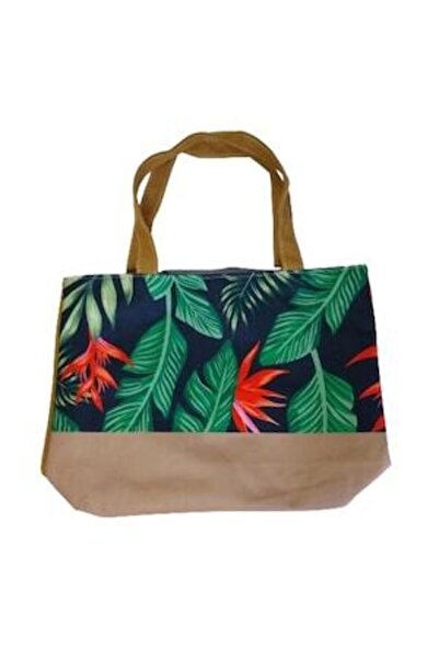 OEM Geanta de plaja dama, negru/verde, 39x29 cm