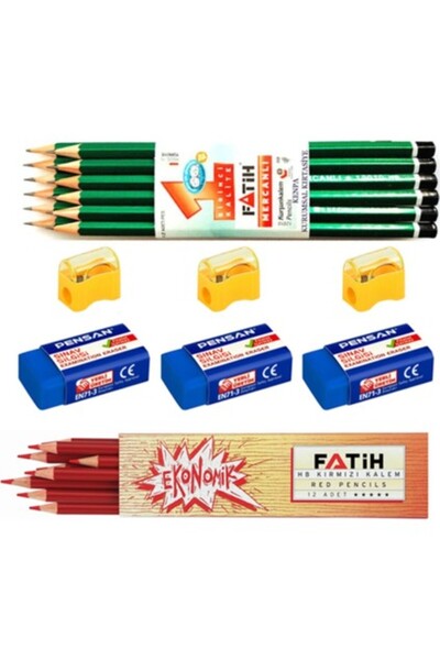 Fatih 12 Li Mercanlı Kurşun Kalem Kırmızı Kopya Kalemi Silgi Kalem Açacağı Set