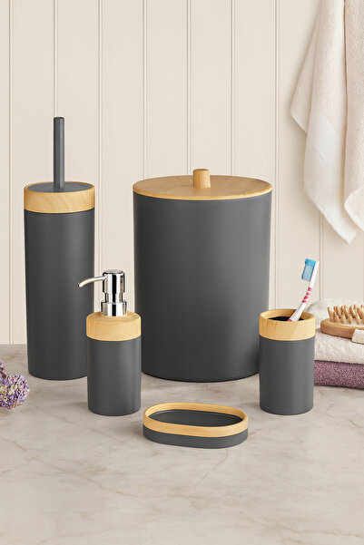 EVONİTA Σετ μπάνιου Limpia Bamboo με σχέδιο 5 τεμαχίων, κάδος απορριμμάτων, δ...