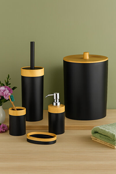 EVONİTA مجموعة حمام مكونة من 5 قطع من ليمبيا بامبو، تتضمن سلة مهملات، ووعاء ص...