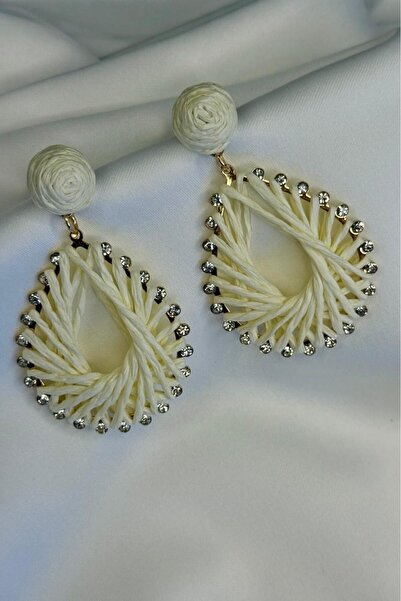 Melissa Boutique Women's Cream Diamond Stone Detailed Design Drop Earrings