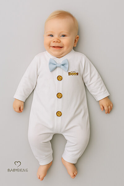 BABYDEN'S Baby Boy Romper with Little Boss Bow Tie - Button-Up Design, Long Sleeve 100% Cotton Newborn Romper