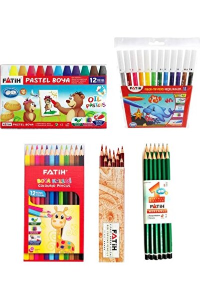 Fatih 5-Piece School Set 12-Piece Pastel Felt Tip Dry Paint Pencil Red Pen