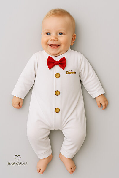 BABYDEN'S Baby Boy Romper with Little Boss Bow Tie - Button-Up Design, Long Sleeve 100% Cotton Newborn Romper