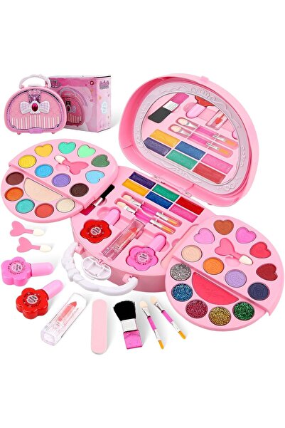 WePro Store Detská sada na líčenie ružová, lesk na pery, očné tiene, zrkadlo, netoxická, prenosná, 3+ roky
