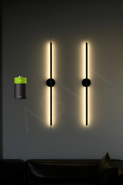 asva aydınlatma 2 Li 70 cm Ortadan Taslı Pilli Aplik Günışığı Led Siyah Kasa Pil Dahil, Dekoratif Duvar Lambası