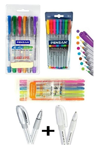 Pensan Simli , Tükenmez , Fosforlu Beyaz Gümüş Jel Kalem Seti