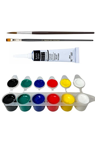 MİLACOLOR Cam Boyası 6 Renk 22 ml 2 Fırça Siyah Kontur Boyası 1 Paket Cam Vit...