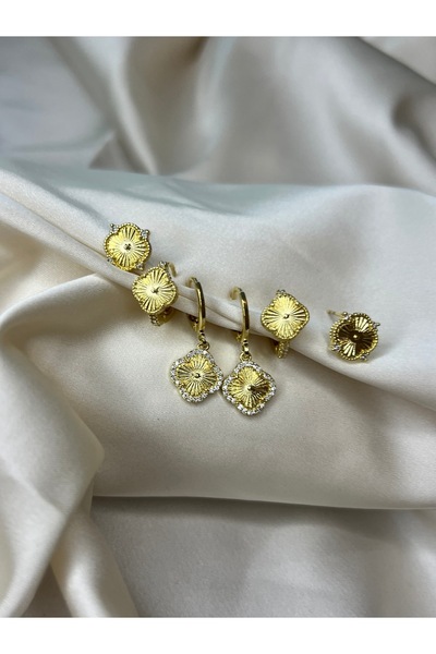 Roha Çelik Gold Clover Küpe Seti