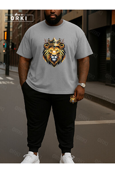 EFFRENATU King of the Street Printed Oversize Large Size Gray T-Shirt & Black Pants Tracksuit Set