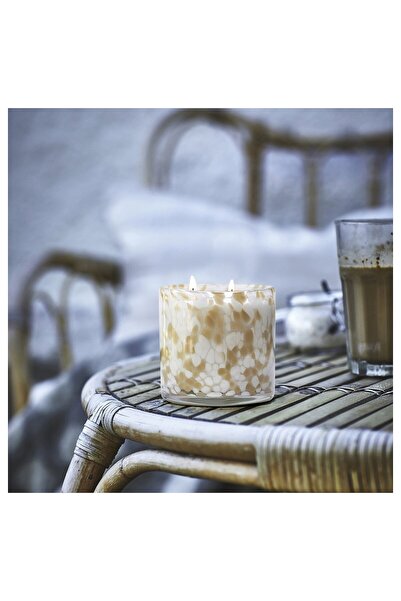 IKEA JÄMLIK Scented candle in glass, 2 wicks, Vanilla/light grey-beige, 50 hr