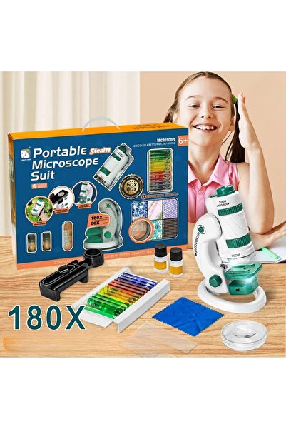 KENLY Mikroskop Deney Seti 180X Portatif LED Işıklı Eğitici Öğretici 21 Parça