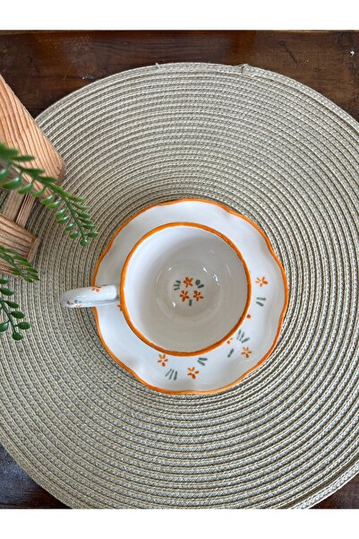 Elmas Orange Thin Floral Handmade Ceramic Cup and Saucer