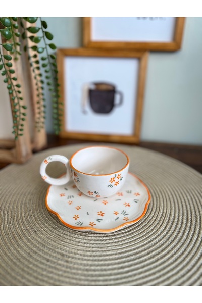 Elmas Orange Thin Floral Handmade Ceramic Cup and Saucer
