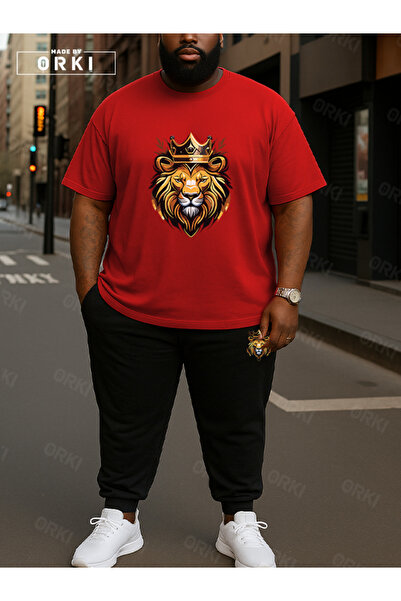 EFFRENATU King of the Street Printed Oversize Large Size Red T-Shirt & Black Pants Tracksuit Set
