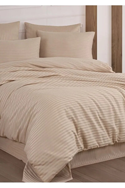 FAMİLYA TEKSTİL طقم غطاء لحاف مزدوج فاخر من قطن الساتان بنسبة 100% - كابتشينو