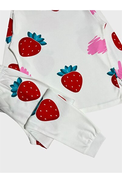 elmas kids Σετ πιτζάμες για κορίτσια από 100% βαμβάκι με μακρυμάνικο σχέδιο λευκής φράουλας