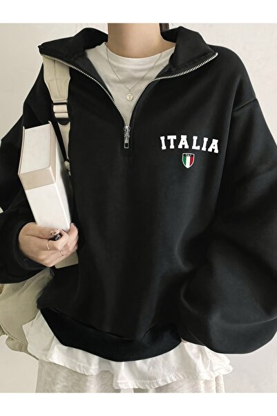 cc collection Hanorac de damă cu imprimeu Italia, cu jumătate de fermoar și g...