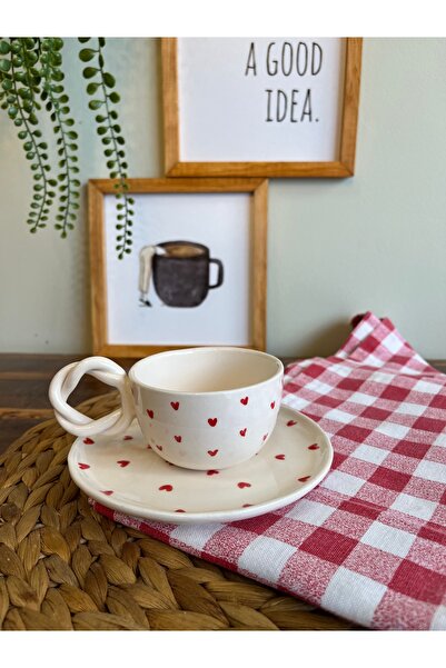 Elmas Romantic Red Heart Handmade Ceramic Cup and Saucer