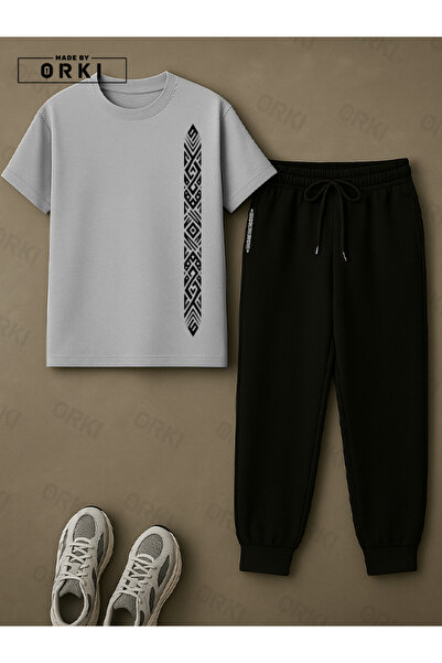 EFFRENATU Trendy Stylish Printed Oversized Gray T-Shirt & Black Pants Tracksuit Set