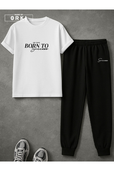 EFFRENATU Born to Succeed Printed Oversized White T-Shirt & Black Pants Tracksuit Set