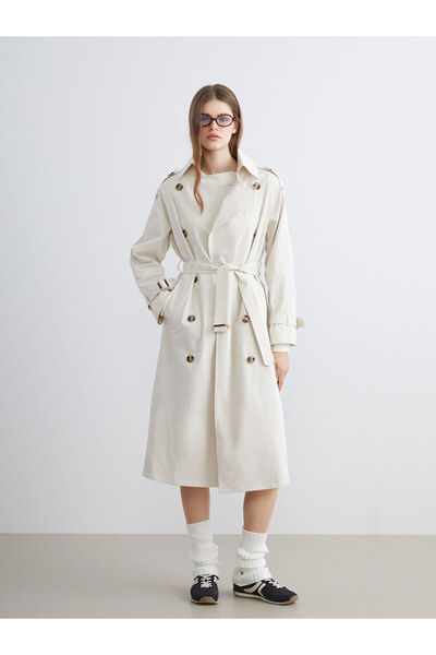 LC Waikiki Ecru Jacket Collar Oversize Women's Trench Coat
