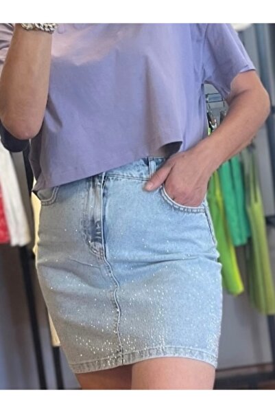 MANDALİNBUTİK Taş detaylı mini kot etek