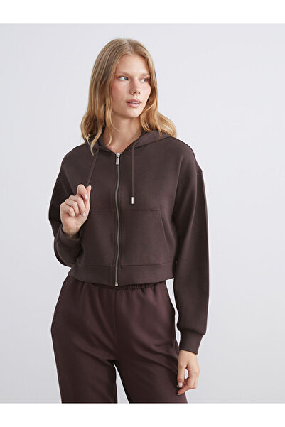 LC Waikiki Brown Hooded Women's Zippered Sweatshirt