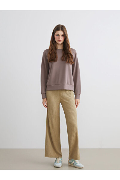 LC Waikiki Khaki Elastic Waist Textured Women's Trousers