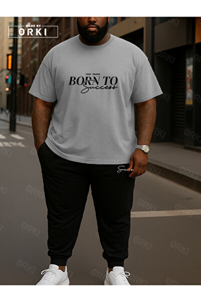 EFFRENATU Born to Succeed Printed Oversized Grey T-Shirt & Black Pants Tracksuit Set