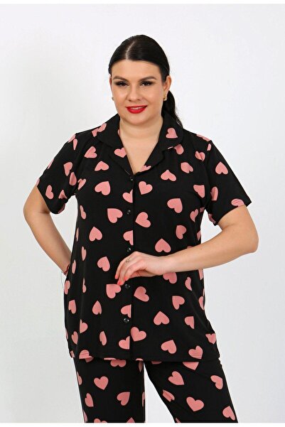 JUPİTER GLOBAL TRADİNG Plus Size Short Sleeve Milan Shirt Pajamas Set- Young Mother Series 5Xl-Black