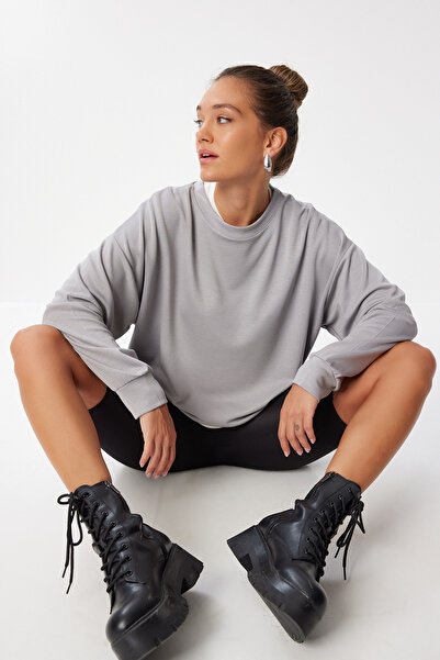 Lovelyİstanbul Basic Mevsimlik Modal Sweatshirt LEN0026 TAŞ GRİSİ