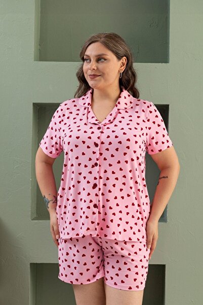 JUPİTER GLOBAL TRADİNG Plus Size Short Sleeve Milan Shirt Pajama Set- Young Mother Series 2Xl-Pink