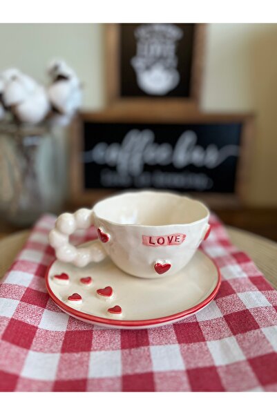 Elmas Love Printed 3D Embossed Red Heart/ Love Handmade Ceramic Cup Saucer