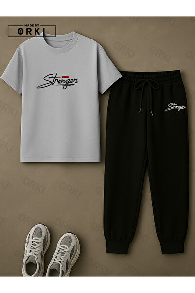 EFFRENATU Stay Strong Printed Oversized Gray T-Shirt & Black Pants Tracksuit Set