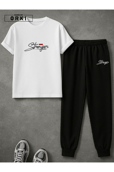 EFFRENATU Stay Strong Printed Plus Size White T-Shirt & Black Pants Tracksuit Set
