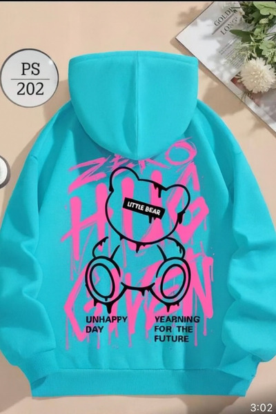 CLASSY.MODA Unisex Oversize 3 Thread Hoodie 🧸 🎨 💥   Little Bear Graffiti Patterned Hooded Sweatshirt Streetwear