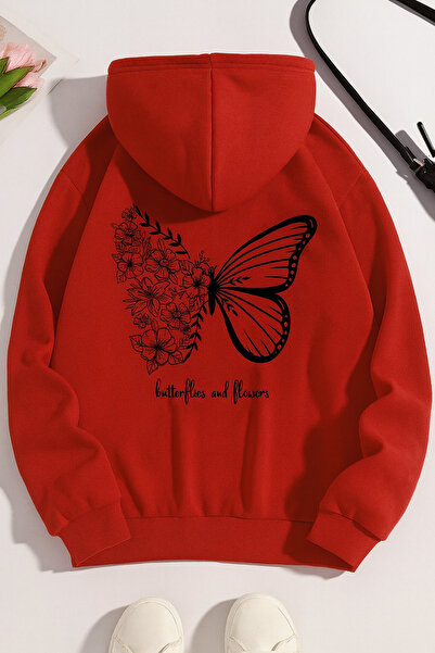 CLASSY.MODA Unisex Oversize 3 Thread Hoodie 🦋 🌸   Butterflies & Flowers Patterned Hooded Sweatshirt Casual Style