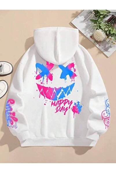 CLASSY.MODA Unisex Oversize 3 Thread Hoodie 😁 🎨 ✨   Happy Day Graffiti Patterned Hooded Sweatshirt Streetwear