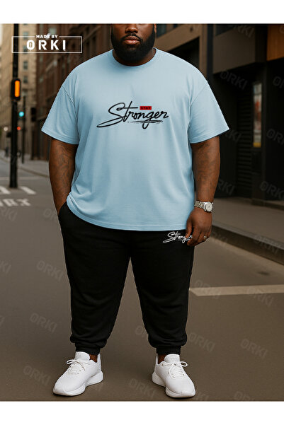 EFFRENATU Stay Strong Printed Plus Size Light Blue T-Shirt & Black Pants Trac...